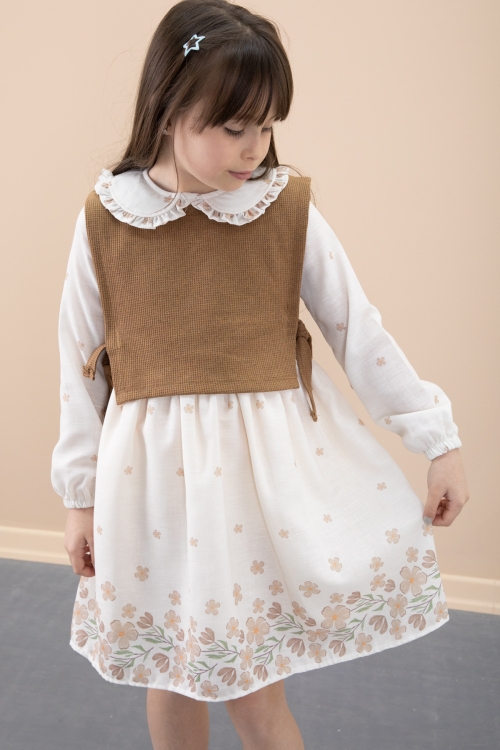 Kahverengi Çiçek Desenli Yandan Bağlamalı Süveterli Kız Çocuk Elbise 20487
