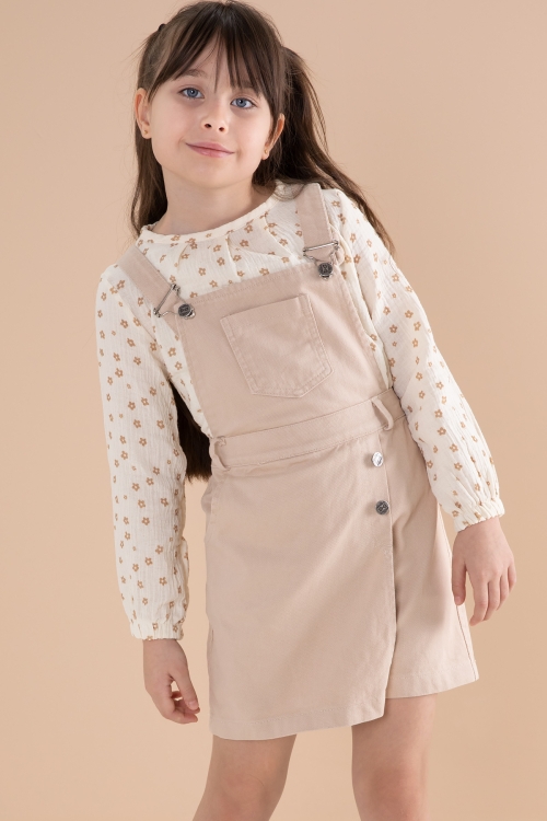 Krem Çiçek Desenli Bluzlu Kız Çocuk Salopet Elbise Takımı 20164