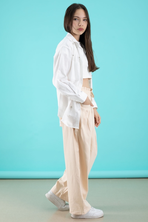 Krem Kız Çocuk Croplu Taşlı Gömlek ve Pantolonlu 3lü Takım 20509