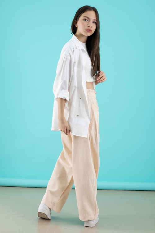 Krem Kız Çocuk Croplu Taşlı Gömlek ve Pantolonlu 3lü Takım 20509