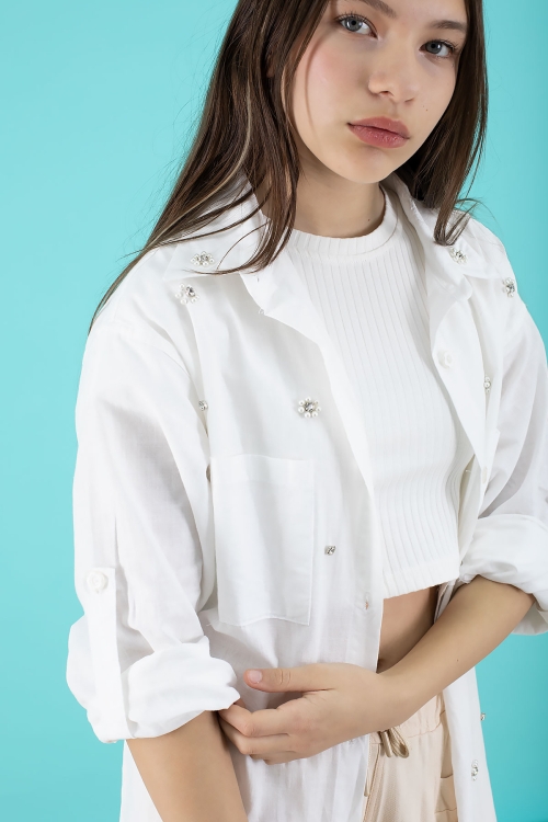 Krem Kız Çocuk Croplu Taşlı Gömlek ve Pantolonlu 3lü Takım 20509