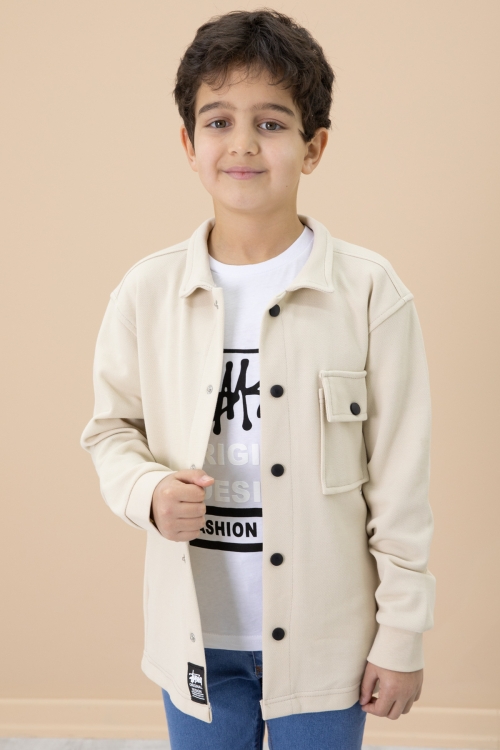 Krem Yazı Baskılı Tişörtlü Gömlekli Erkek Çocuk Takım 20007