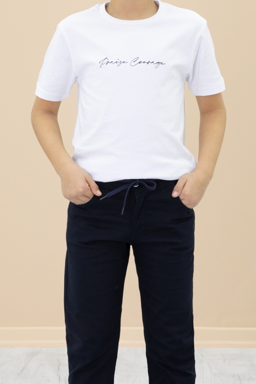 Lacivert Jean Gömlekli Yazı Baskılı Tişörtlü Erkek Çocuk Pantolonlu 3lü Takım