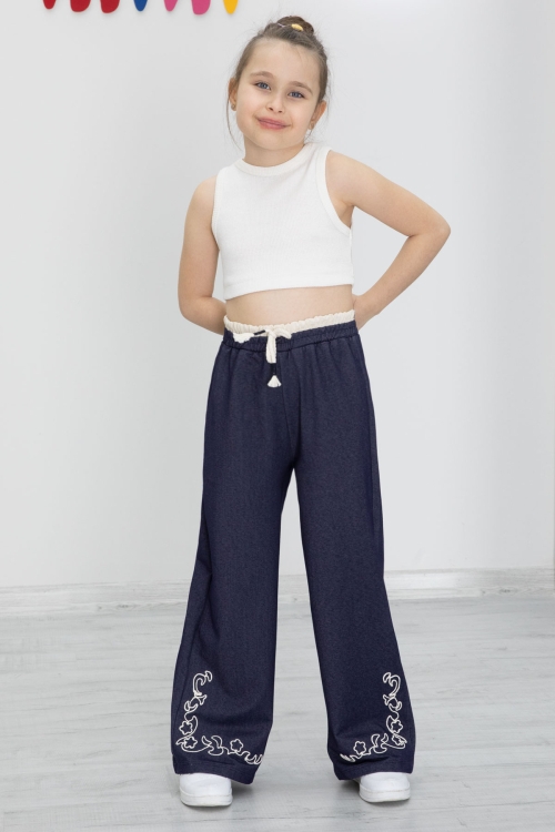 Lacivert Paçası Nakış Detaylı Kız Çocuk Geniş Paça Pantolon 20489
