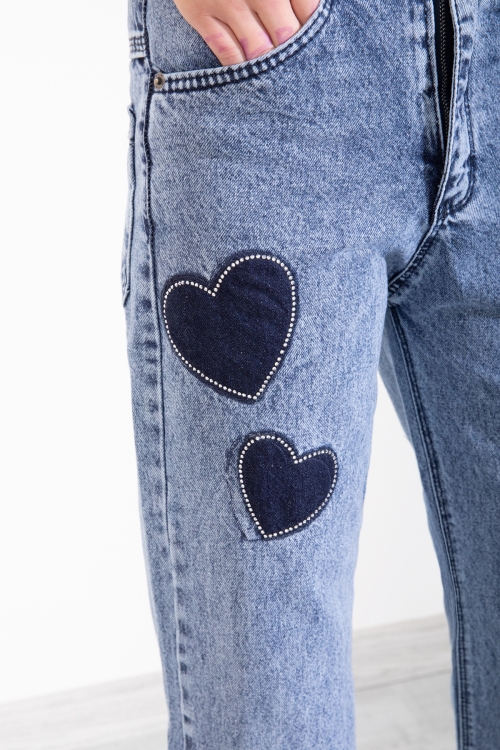 Mavi Beli Lastikli Geniş Paça Kalp Desenli Kız Çocuk Jean Pantolon 20406