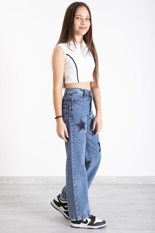 Mavi Beli Lastikli Geniş Paça Kız Çocuk Payetli Jean Pantolon 20320