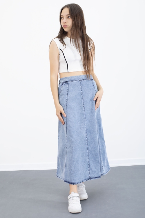 Mavi Beli Lastikli Uzun Kesim Kız Çocuk Jean Etek 20558