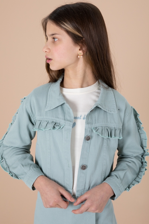 Mint Fırfır Detaylı Jean Ceketli Şort Etekli Kız Çocuk 3lü Takım 20173