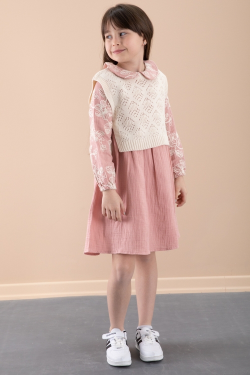 Pembe Çiçek İşlemeli Süveterli Kız Çocuk Müslin Elbise 20481