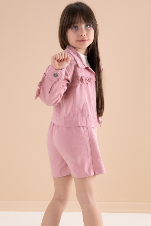 Pembe Fırfır Detaylı Jean Ceketli Şort Etekli Kız Çocuk 3lü Takım 20170