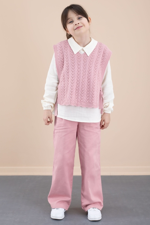 Pembe Örgü Süveterli Müslin Gömlekli Kız Çocuk 3lü Alt Üst Takım 20537