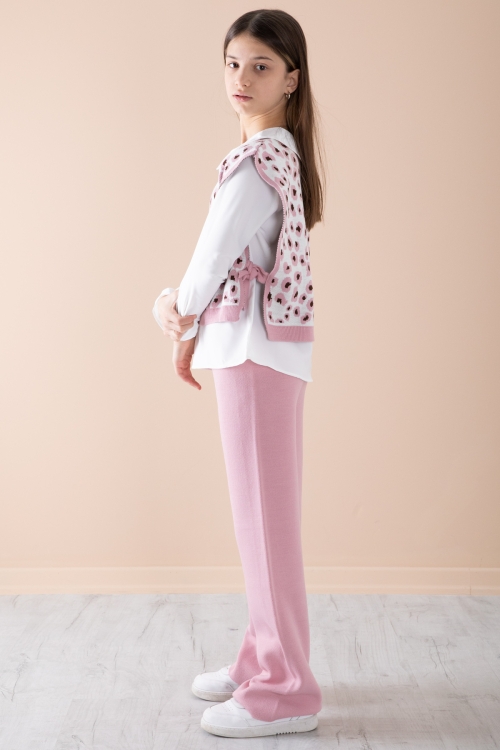 Pembe Süveterli Gömlekli Kız Çocuk Triko Pantolonlu 3lü Takım 20339