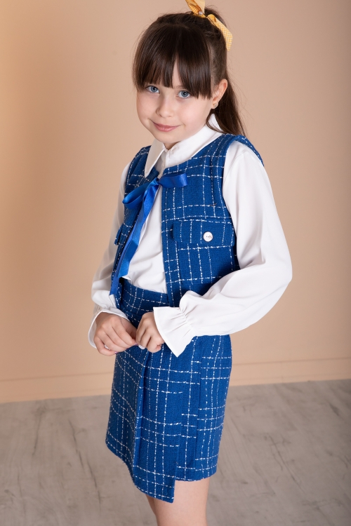 Saks Mavi Fiyonklu Yelekli Düğme Detaylı Şort Etekli Kız Çocuk 3lü Takım 20316