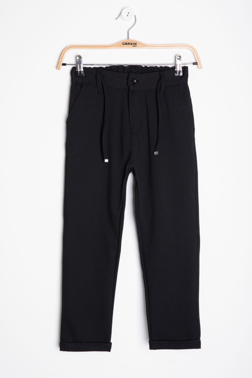Siyah Beli Lastikli Duble Paça Erkek Çocuk Jogger Kumaş Pantolon 20519