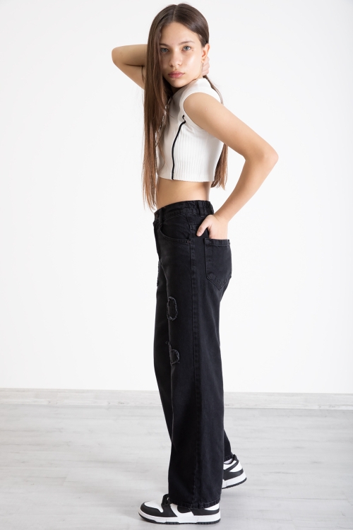 Siyah Kalp Nakış Detaylı Geniş Paça Kız Çocuk Jean Pantolon 20361