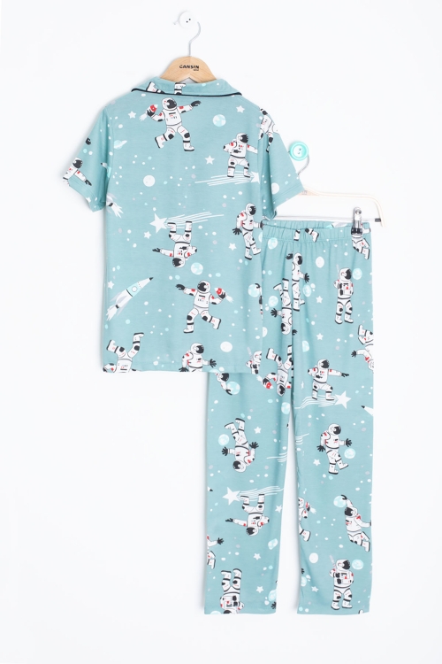 Yeşil Astronot Baskılı Kısa Kollu Erkek Çocuk Pijama Takımı 20569