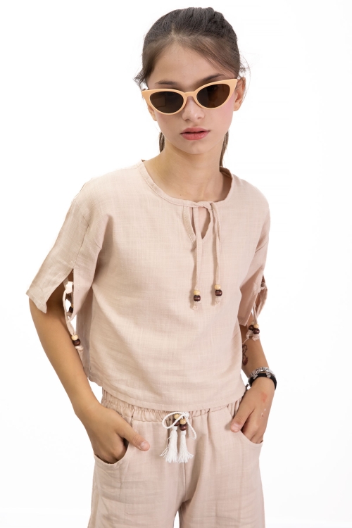 Bej Boyundan Bağlamalı Tişörtlü Kız Çocuk Pantolonlu 2li Takım 21187