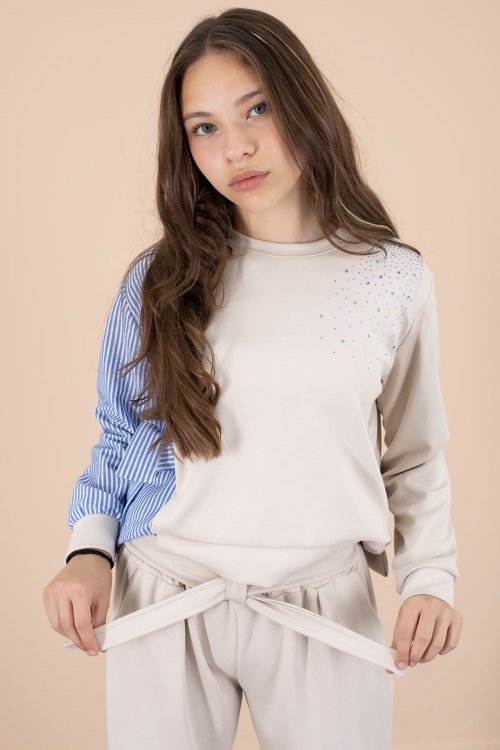 Bej Çizgi Desenli Taş Detaylı Bluzlu Kız Çocuk Kuşaklı Pantolonlu 2li Takım 20658