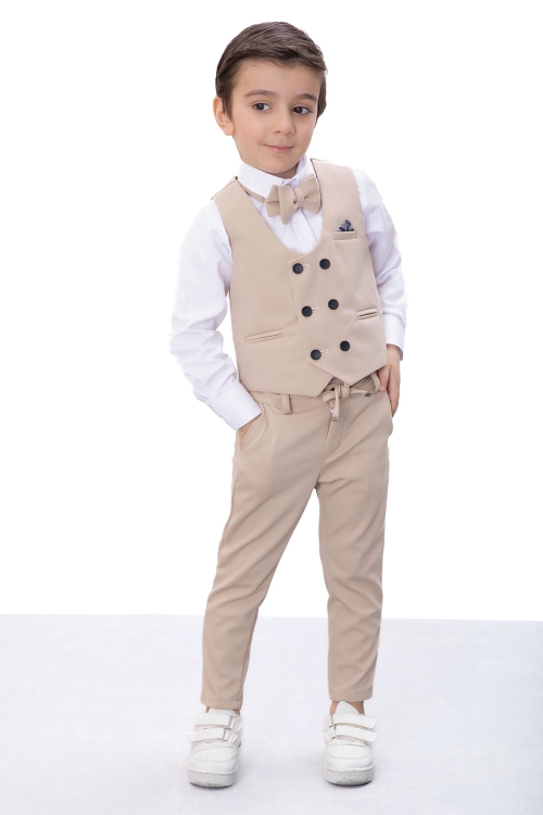Bej Düğmeli Yelekli Papyonlu Gömlekli Erkek Çocuk 4lü Takım Elbise 20545
