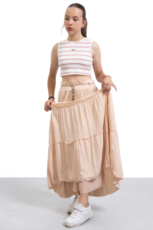 Bej Hasır Kemerli Uzun Kesim Kırışmalı Kız Çocuk Etek 21129