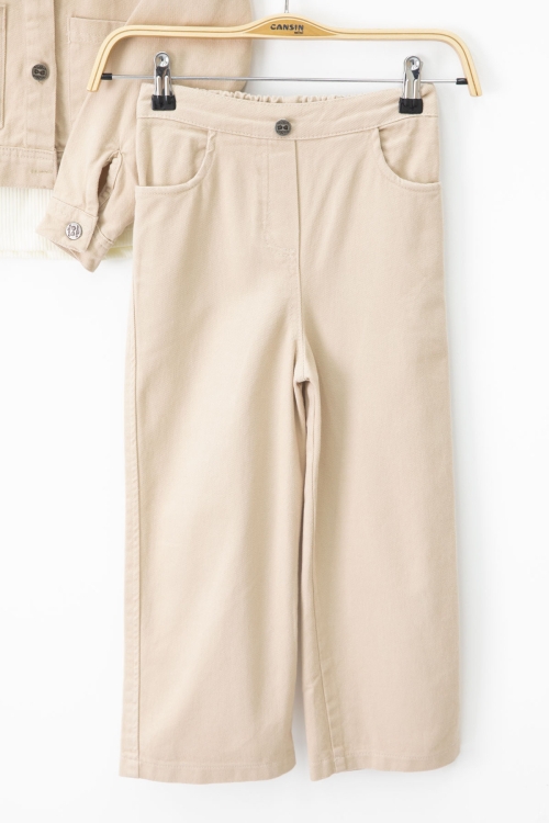 Bej Püsküllü Jean Ceketli ve Pantolonlu Kız Çocuk Badili 3lü Takım 20697