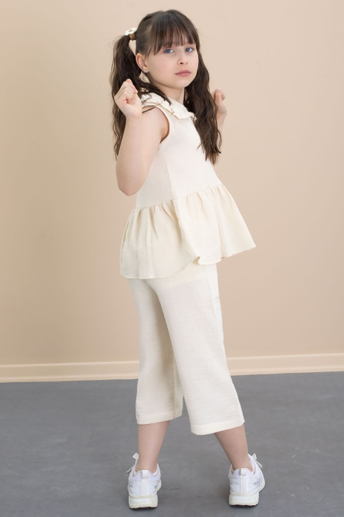 Bej Sıfır Kol Bebe Yaka Bluzlu Pantolonlu Kız Çocuk 2li Takım 21029