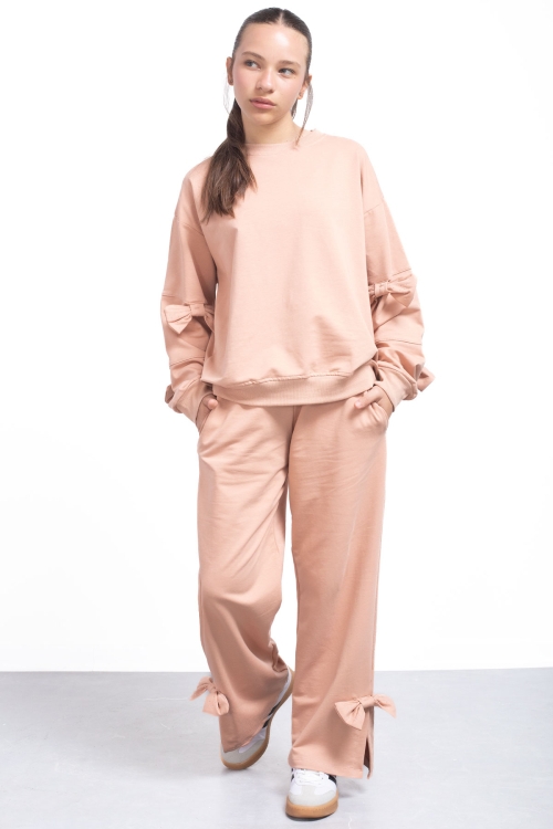 Bej Yırtmaçlı Paça Fiyonk Detaylı Kız Çocuk 2li Eşofman Takımı 21214