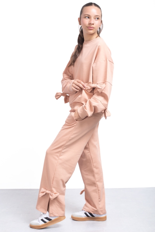 Bej Yırtmaçlı Paça Fiyonk Detaylı Kız Çocuk 2li Eşofman Takımı 21214