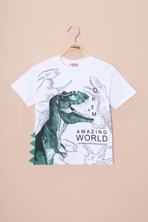 Ekru Dinozor Baskılı Bisiklet Yaka Erkek Bebek Tişört 20952