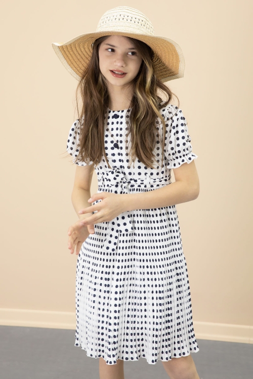 Ekru Puantiyeli Kız Çocuk Kuşaklı Kısa Kol Elbise 20651