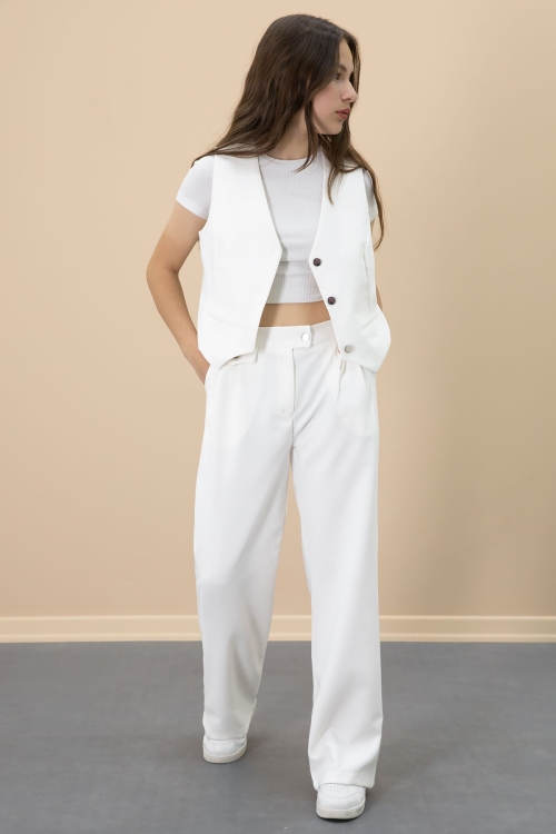 Ekru V Yaka Düğmeli Yelekli Geniş Paça Pantolonlu Kız Çocuk 2li Takım 20725