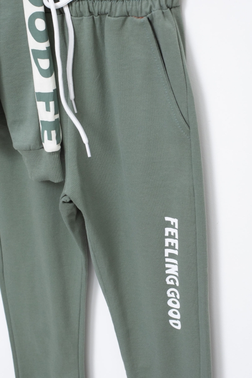 Erkek Çocuk Haki Şerit Yazılı Kapüşonlu Hırkalı Eşofman Takımı 18770