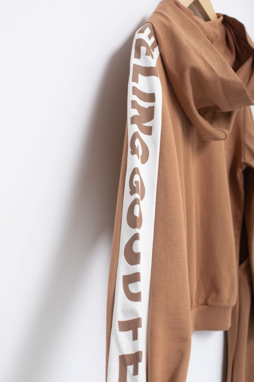 Erkek Çocuk Kahve Şerit Yazılı Kapüşonlu Hırkalı Eşofman Takımı 18774