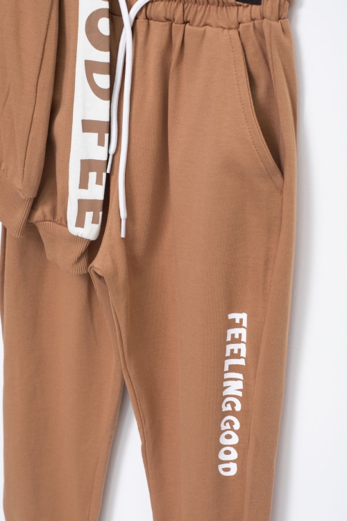 Erkek Çocuk Kahve Şerit Yazılı Kapüşonlu Hırkalı Eşofman Takımı 18774