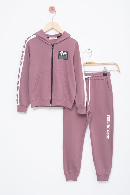 Erkek Çocuk Pembe Şerit Yazılı Kapüşonlu Hırkalı Eşofman Takımı 18771