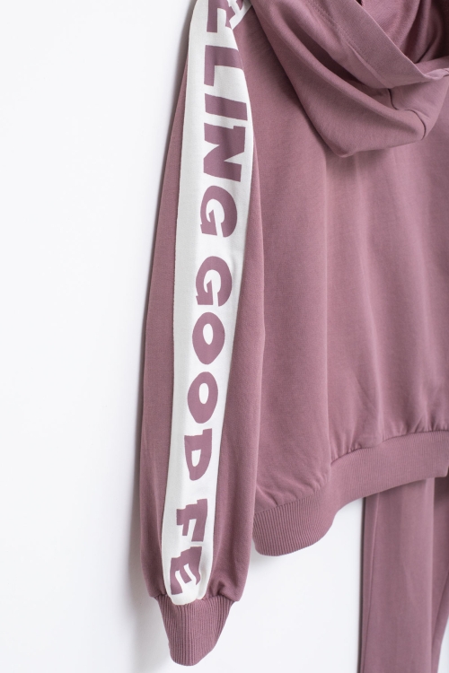 Erkek Çocuk Pembe Şerit Yazılı Kapüşonlu Hırkalı Eşofman Takımı 18771