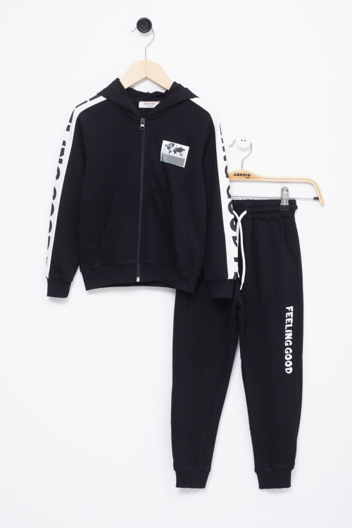 Erkek Çocuk Siyah Şerit Yazılı Kapüşonlu Hırkalı Eşofman Takımı 18772