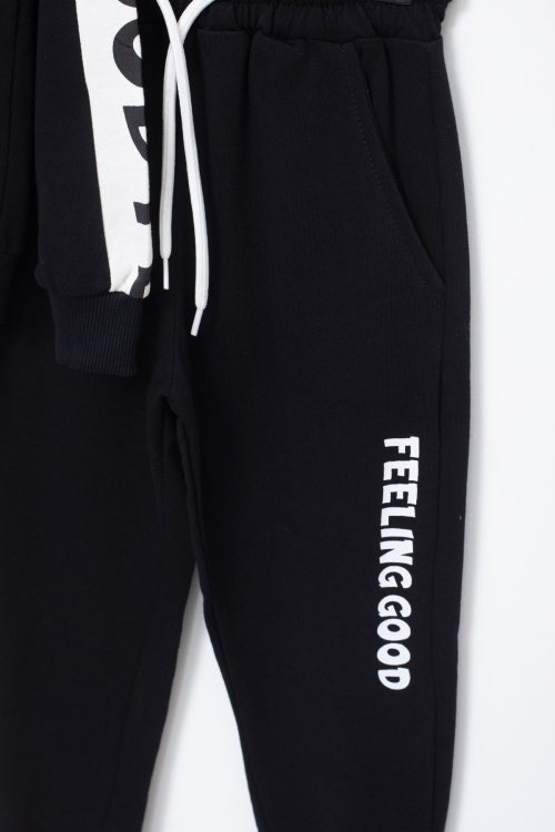 Erkek Çocuk Siyah Şerit Yazılı Kapüşonlu Hırkalı Eşofman Takımı 18772