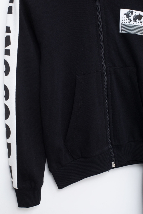 Erkek Çocuk Siyah Şerit Yazılı Kapüşonlu Hırkalı Eşofman Takımı 18772