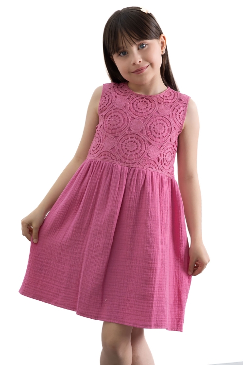 Fuşya Dantel İşlemeli Müslin Kız Çocuk Elbise 20777