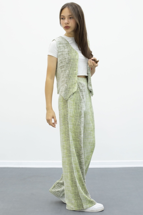 Haki Düğmeli Yelekli Geniş Paça Kuşaklı Pantolonlu Kız Çocuk 2li Takım 21009