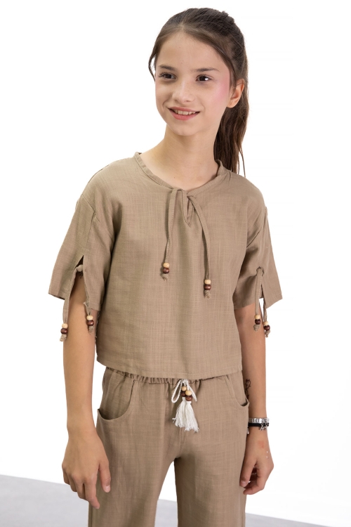 Kahve Boyundan Bağlamalı Tişörtlü Kız Çocuk Pantolonlu 2li Takım 21188