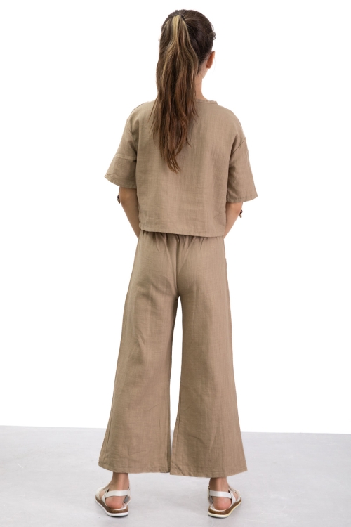 Kahve Boyundan Bağlamalı Tişörtlü Kız Çocuk Pantolonlu 2li Takım 21188