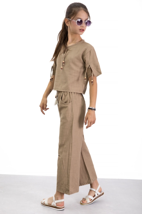 Kahve Boyundan Bağlamalı Tişörtlü Kız Çocuk Pantolonlu 2li Takım 21188