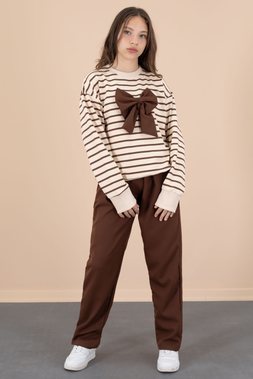 Kahve Çizgili Sweatshirt Kuşaklı Pantolonlu Kız Çocuk Takım 20654