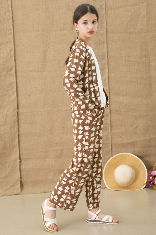 Kahve Desenli Bluzlu Geniş Paça Pantolonlu Kız Çocuk 3lü Takım 20761