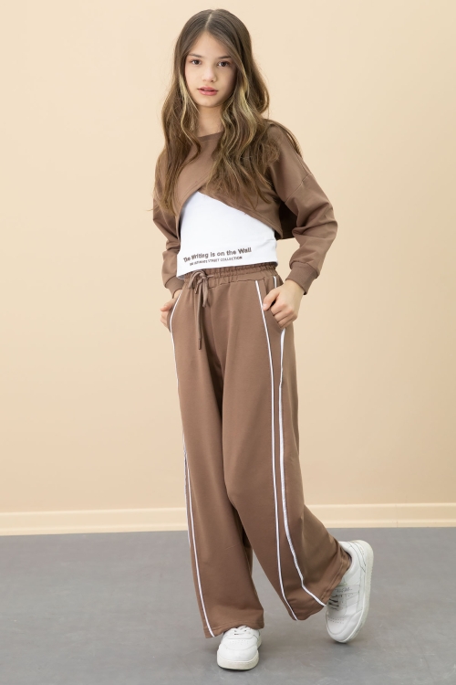 Kahve Şerit Detaylı Geniş Paça Croplu Kız Çocuk 3lü Takım 20702