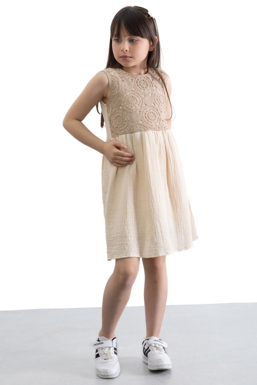Kahverengi Dantel İşlemeli Müslin Kız Çocuk Elbise 20780
