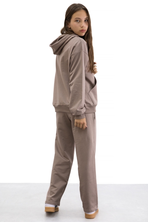 Kahverengi Kız Çocuk Taş Detaylı 2li Takım 21182