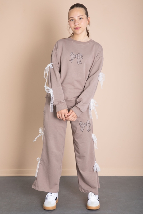 Kahverengi Yanları Fiyonk Detaylı Geniş Paça Kız Çocuk Eşofman Takımı 21198